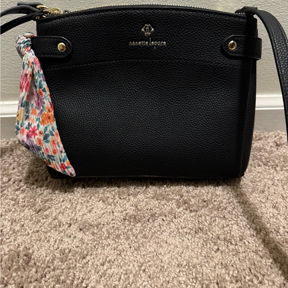 Nanette Lepore Black Crossbody Bag with Floral Scarf Accent